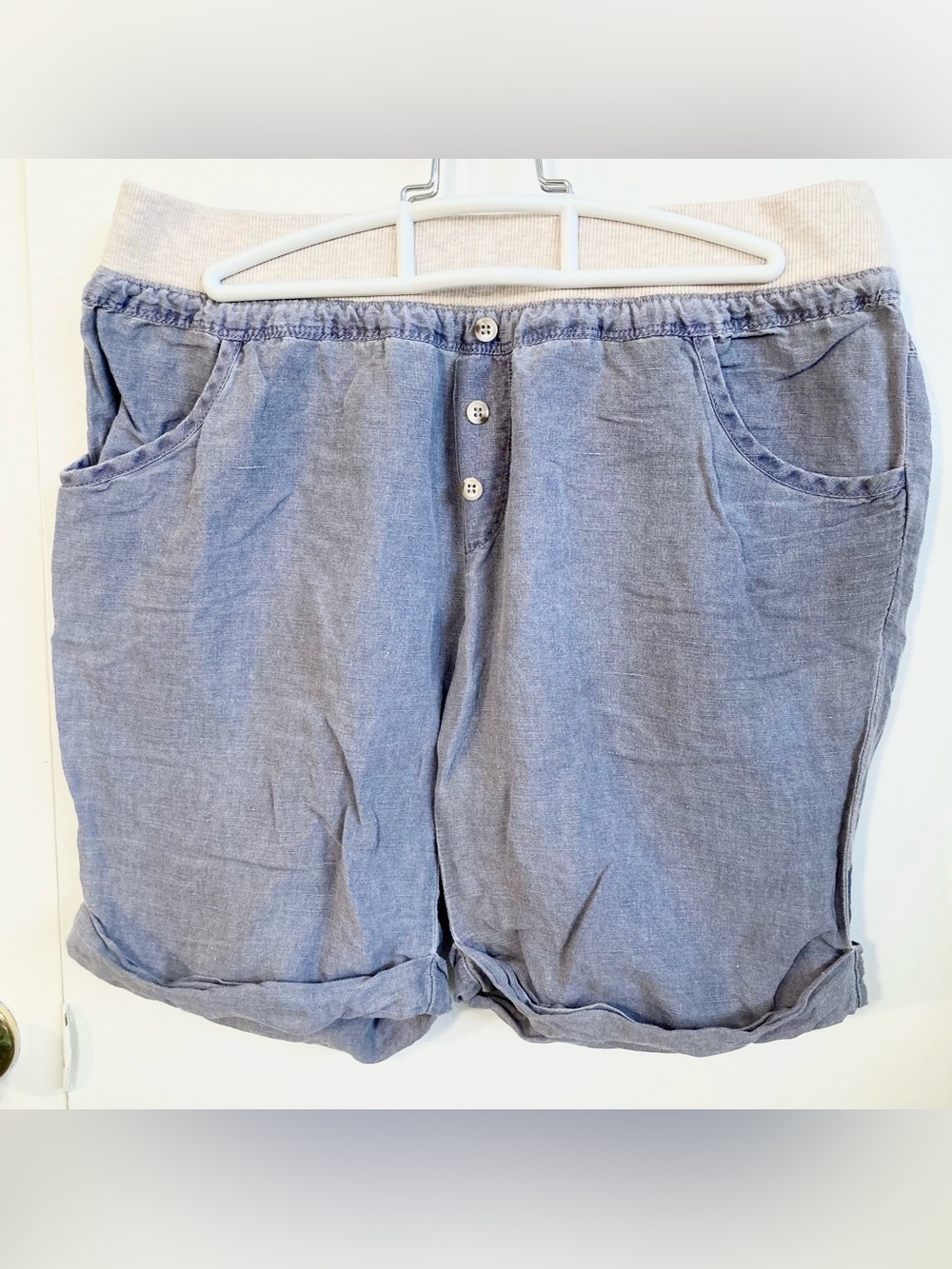 Splendid Linen Bermuda Shorts Rolled Hem & Elastic Waist, Grayish Blue